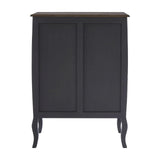 Black wooden cabinet with curved legs and dark brown top, rear view