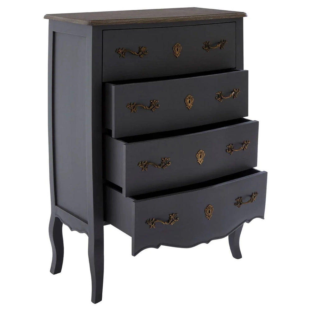Black chest of drawers with gold handles and ornate detailing, three drawers open