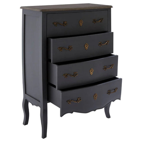 Black chest of drawers with gold handles and ornate detailing, three drawers open