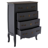 Black chest of drawers with gold handles and ornate detailing, three drawers open