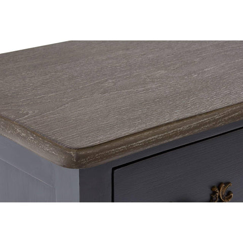 Close up of wooden sideboard top with textured grey finish and rounded edge detail