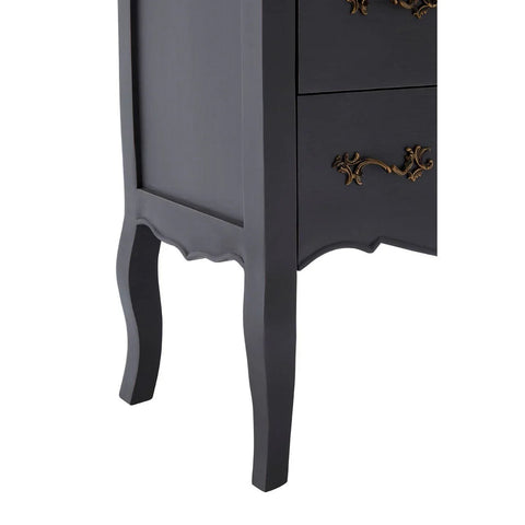 Dark wood bedside table with curved legs and ornate gold drawer handles, side view