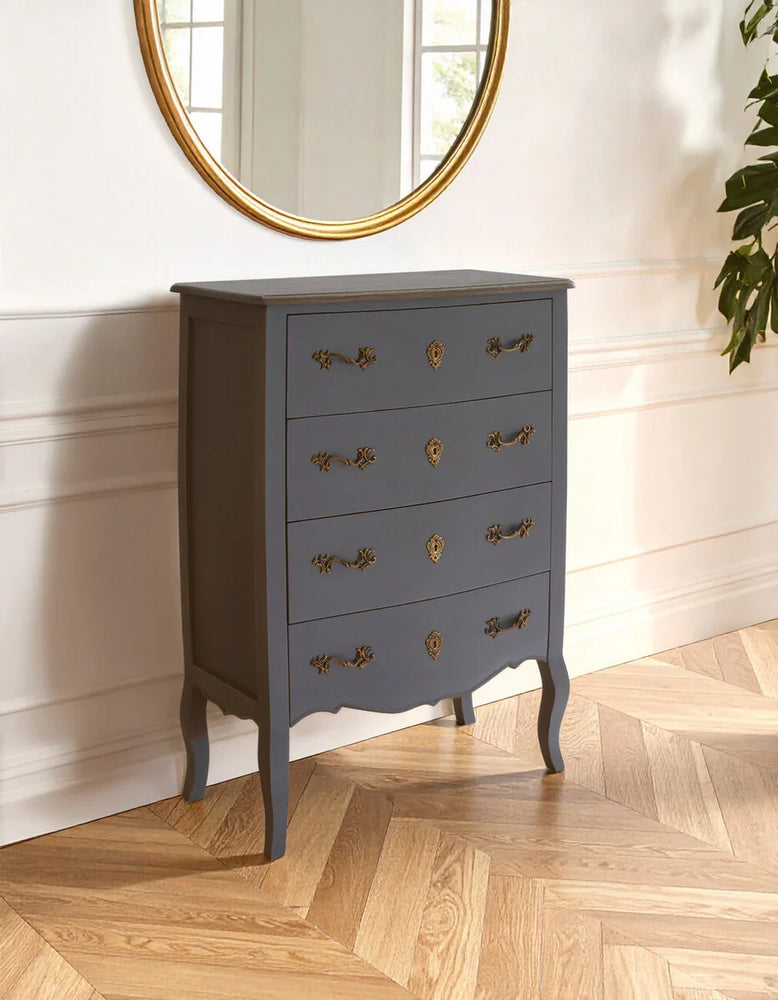 Dark grey chest of drawers with ornate gold handles in classic interior setting