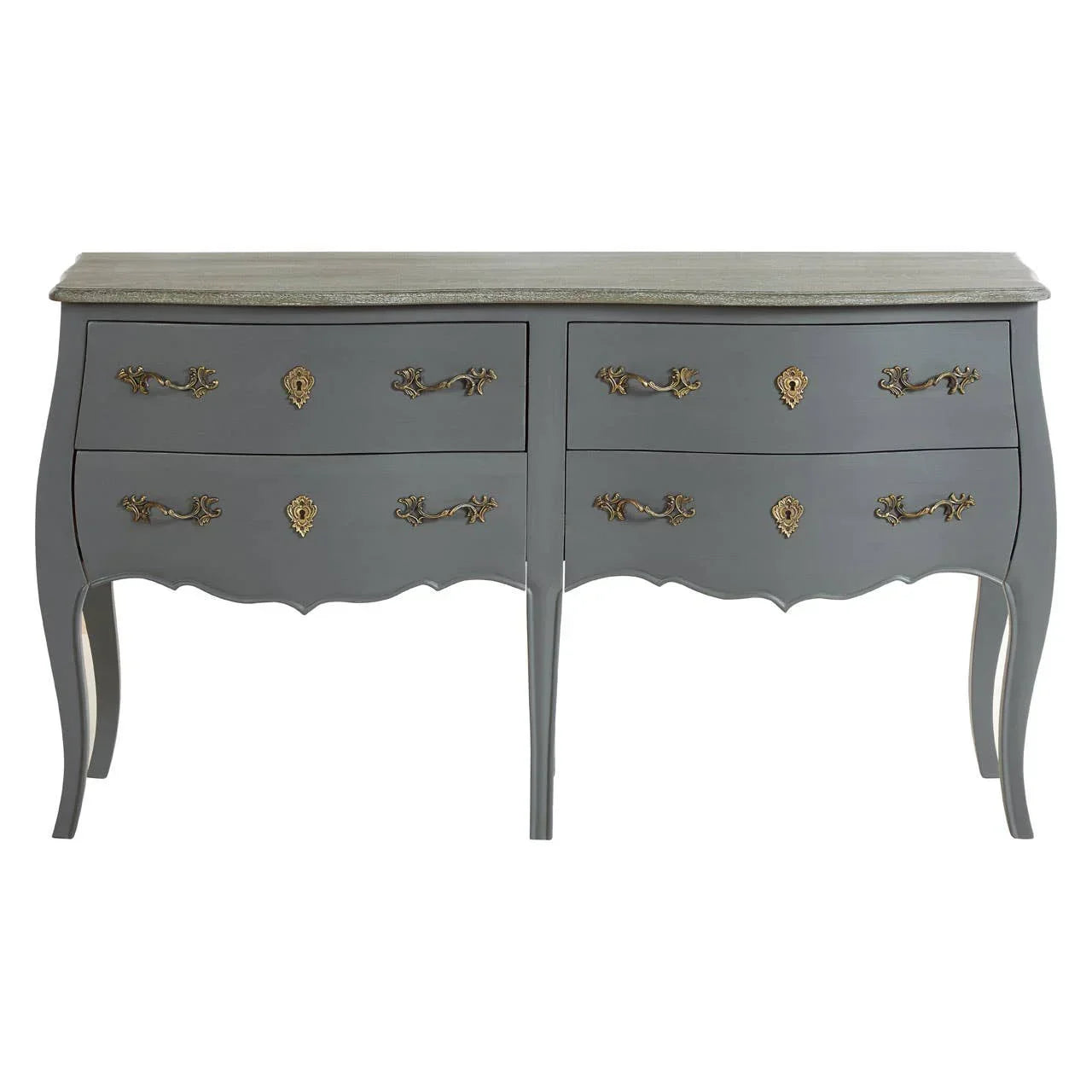 Grey wooden chest of drawers with ornate brass handles and curved legs
