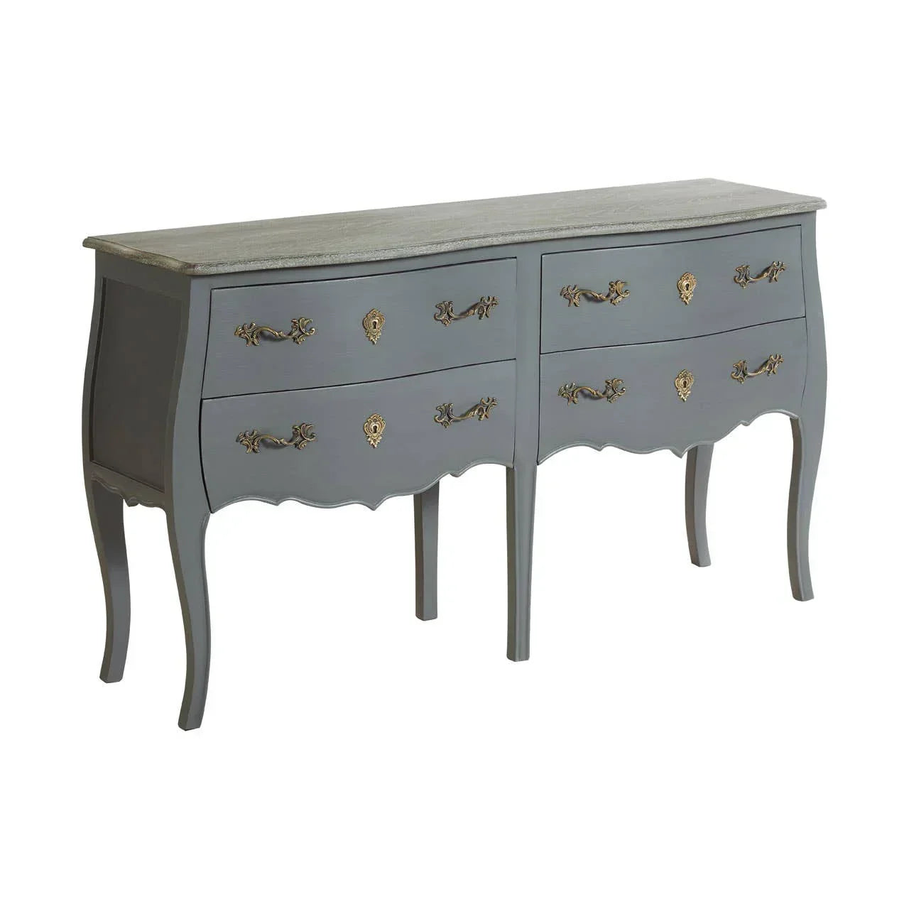 Grey wooden chest of drawers with ornate brass handles and curved legs