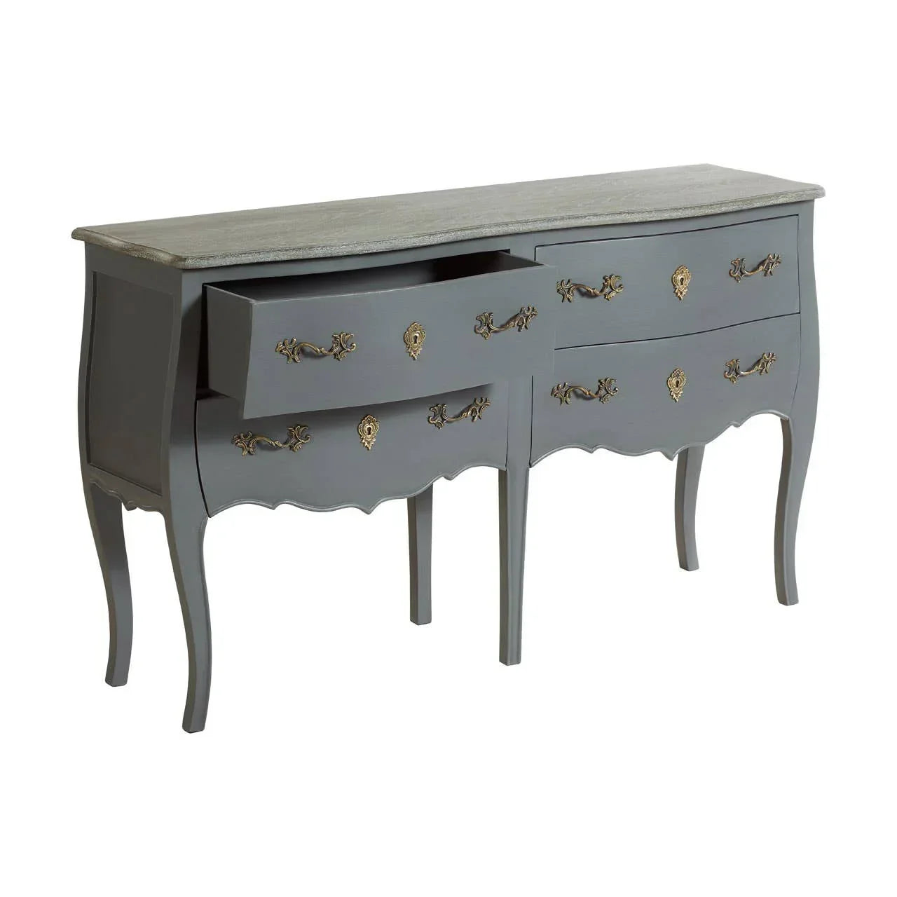Grey wooden chest of drawers with ornate brass handles and one drawer open