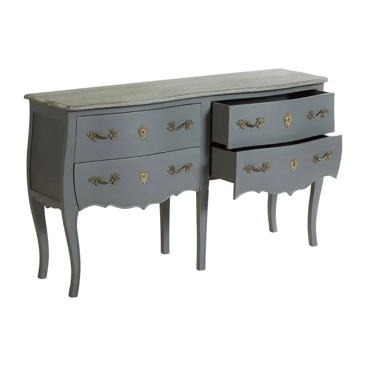 Grey vintage chest of drawers with brass handles and curved legs, two drawers open