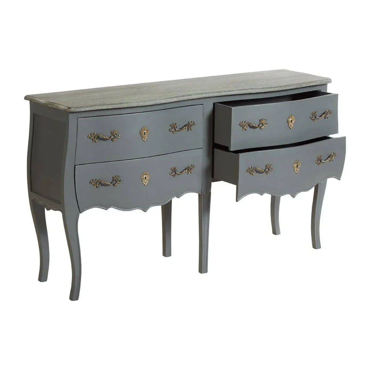 Grey vintage chest of drawers with brass handles and curved legs, two drawers open