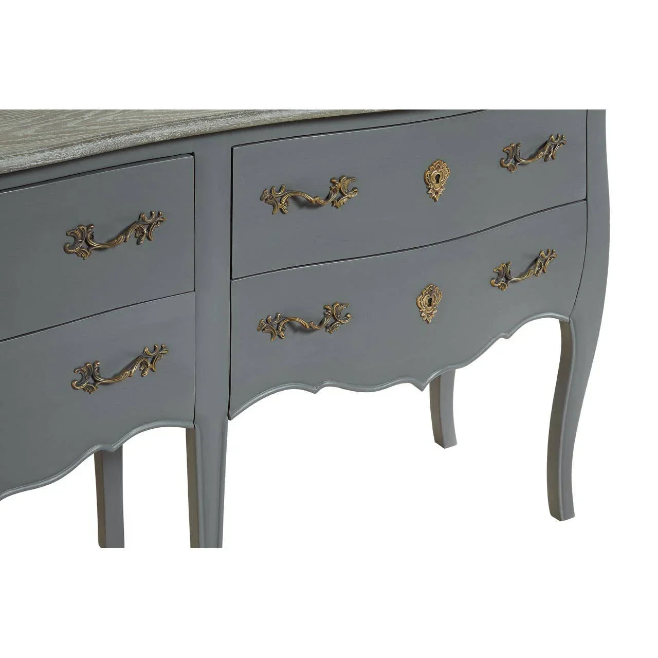 Grey wooden chest of drawers with ornate brass handles and curved legs
