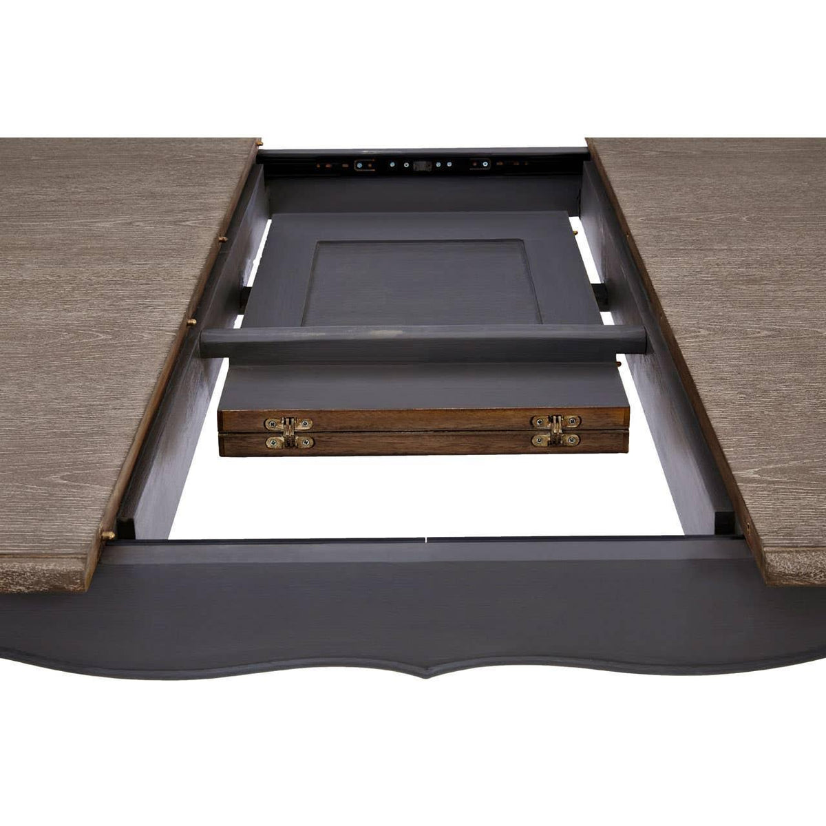 Extendable dining table with folded leaf insert and wood grain finish detail