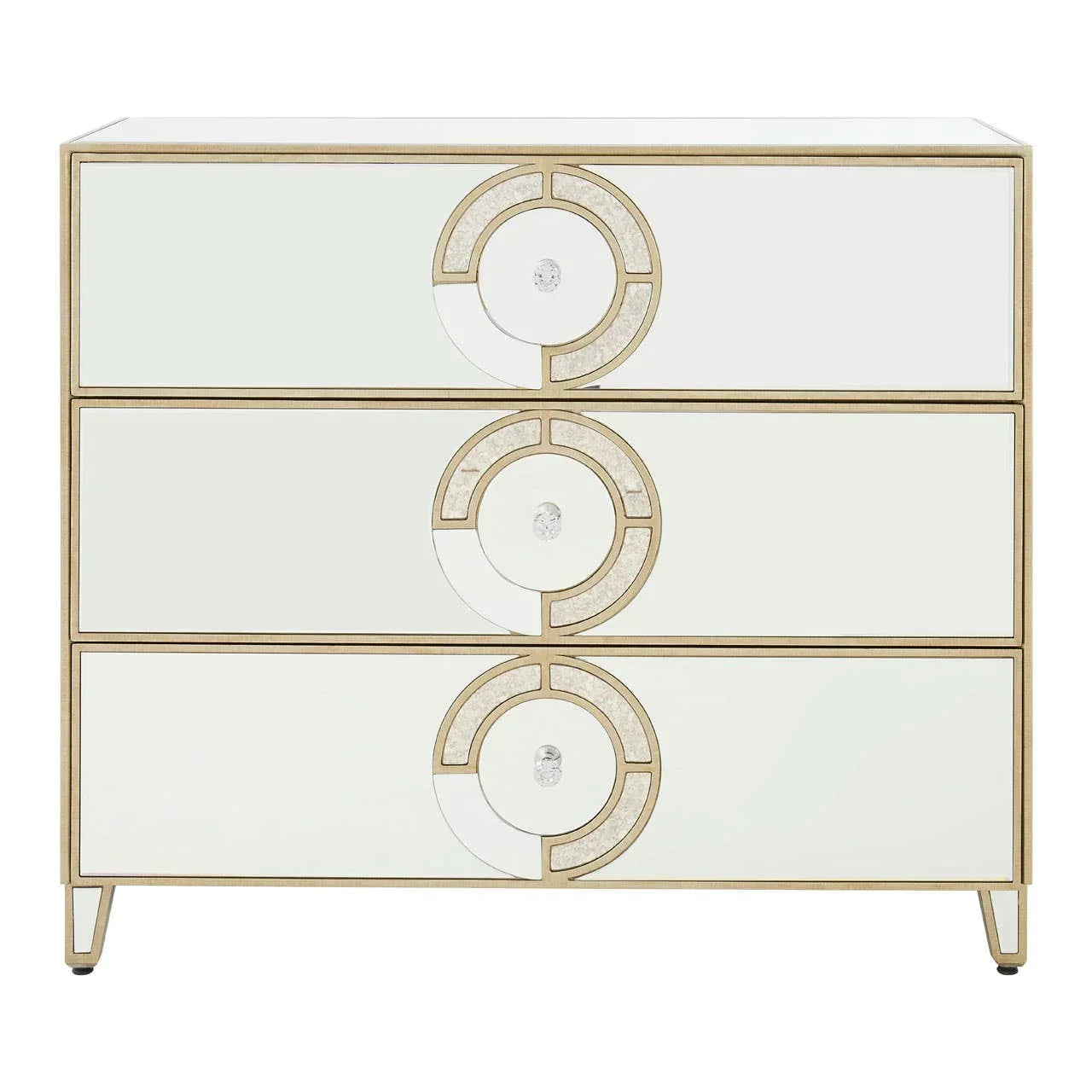 Mirrored chest of drawers with gold trim and crystal drawer handles
