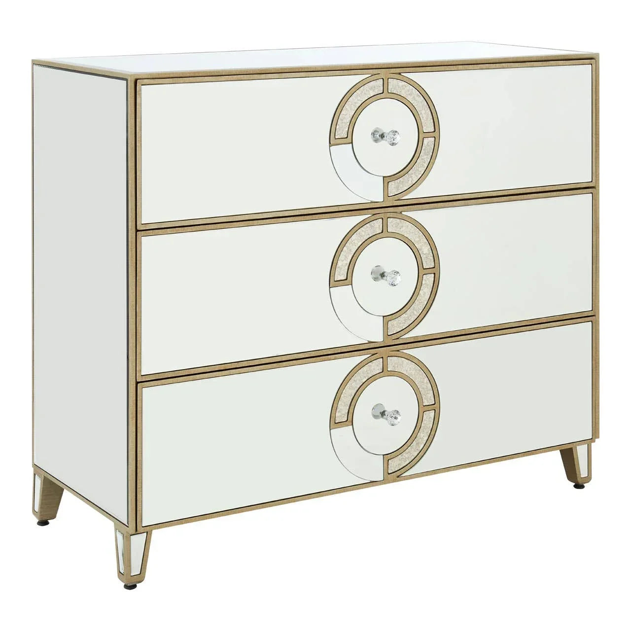 Mirrored chest of drawers with gold trim and acrylic handles, three-drawer storage unit