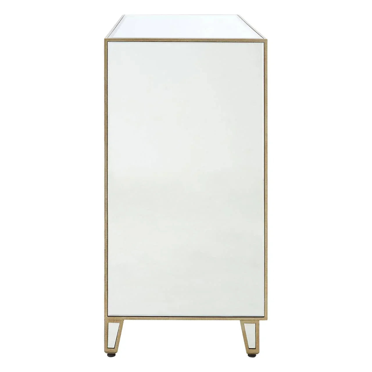 Side view of mirrored cabinet with gold metal frame and legs