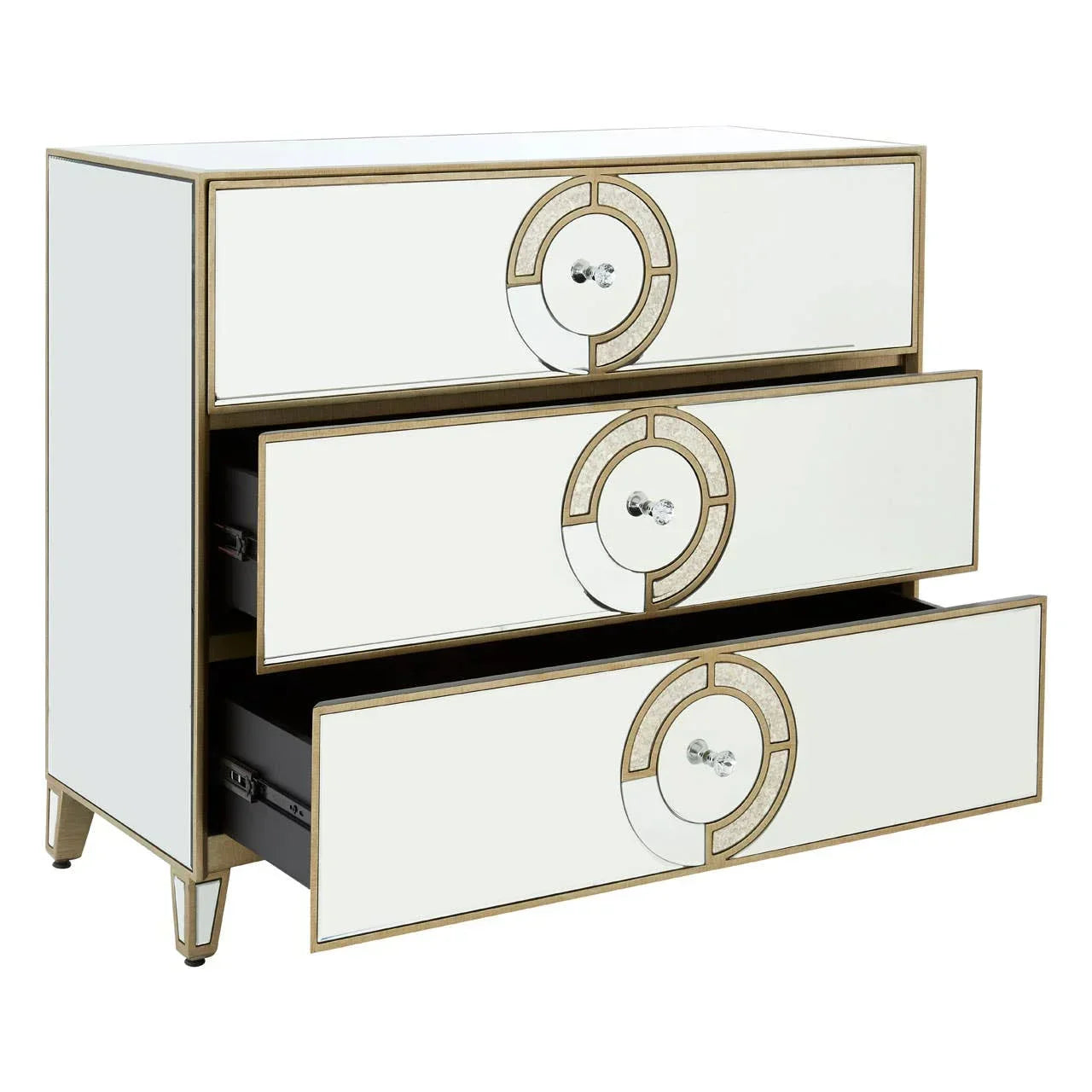 Mirrored chest of drawers with gold trim and geometric handles, two drawers partly open