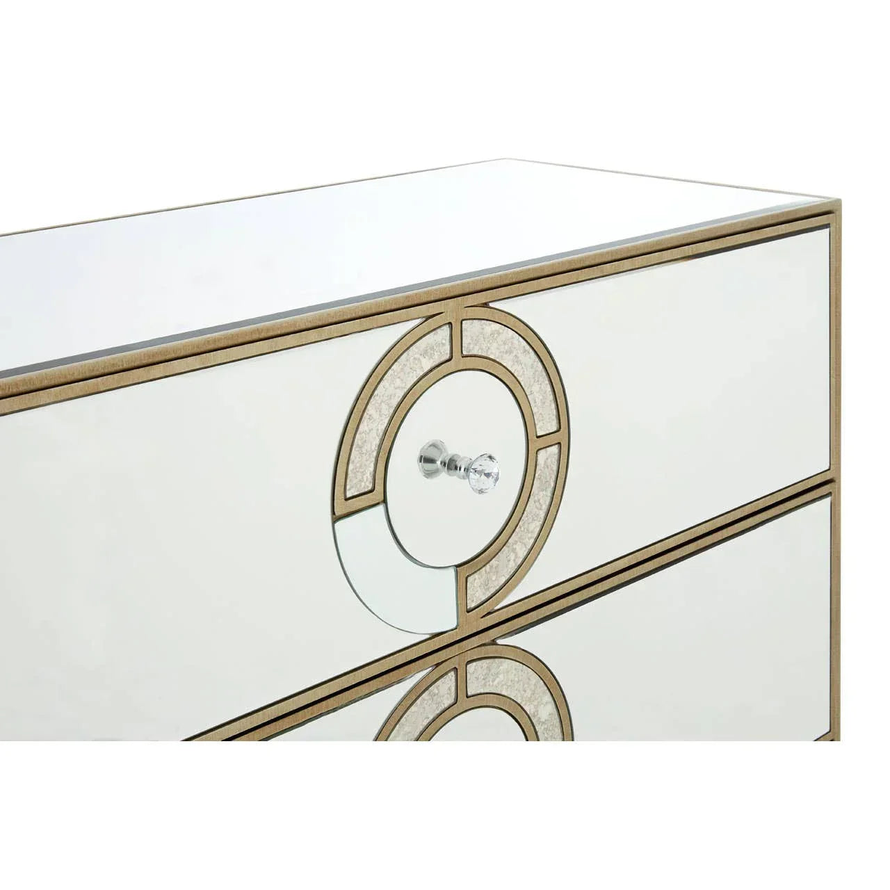 Mirrored chest of drawers with crystal handles and gold trim, partial side and front view