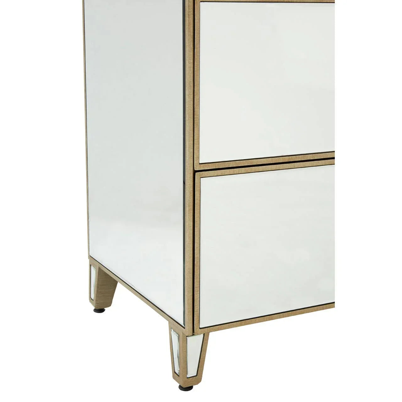Mirrored bedside table with gold trim, close view of corner and drawers