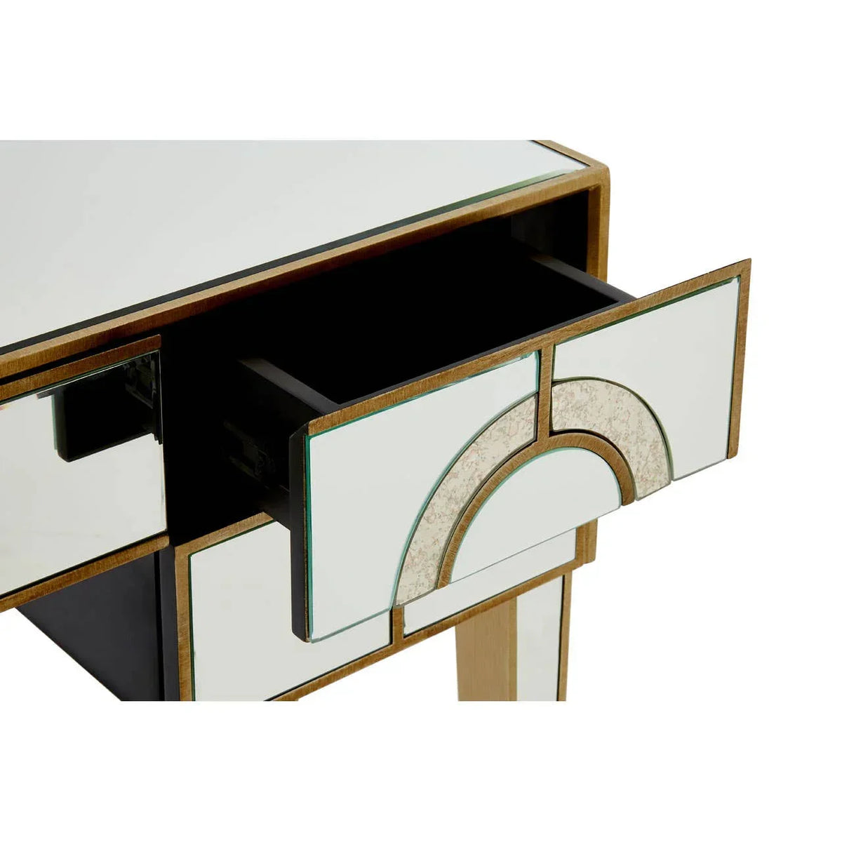 Mirrored console table with geometric drawer partially open, gold trim detail