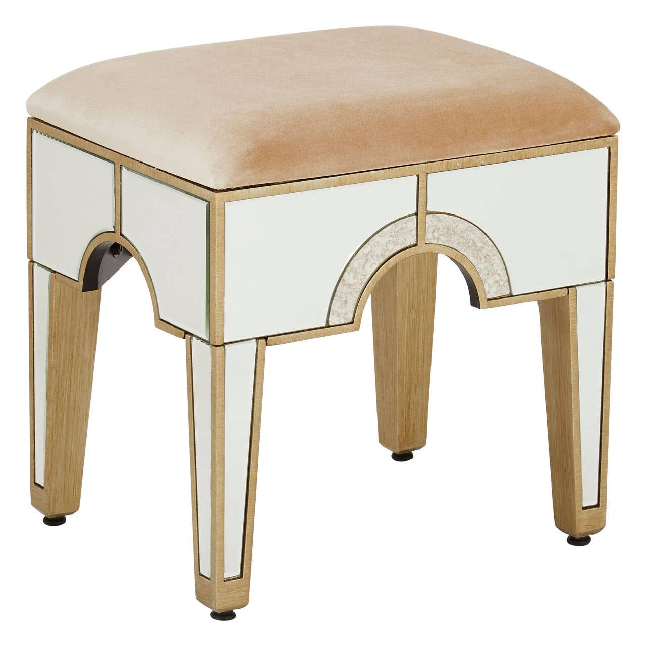 Champagne gold and mirrored stool with a soft beige upholstered top, featuring a sleek, modern design and four tapered legs. The stool has a reflective surface that enhances its elegant appearance, making it suitable for various home decor styles
