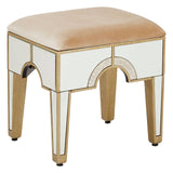 Champagne gold and mirrored stool with a soft beige upholstered top, featuring a sleek, modern design and four tapered legs. The stool has a reflective surface that enhances its elegant appearance, making it suitable for various home decor styles