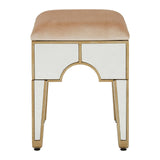 Champagne gold and mirrored stool with a rectangular cushioned top in a light beige color, featuring a sleek design with gold trim and tapered legs. The front has an arch-shaped cutout, enhancing its elegant appearance