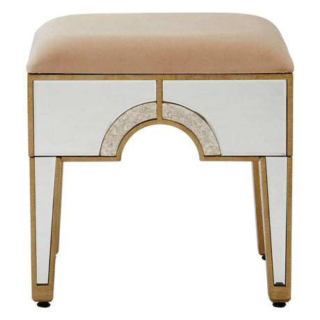 Champagne gold and mirrored stool with a soft, beige upholstered top and decorative gold trim, featuring a unique arch design on the front and sleek, tapered legs