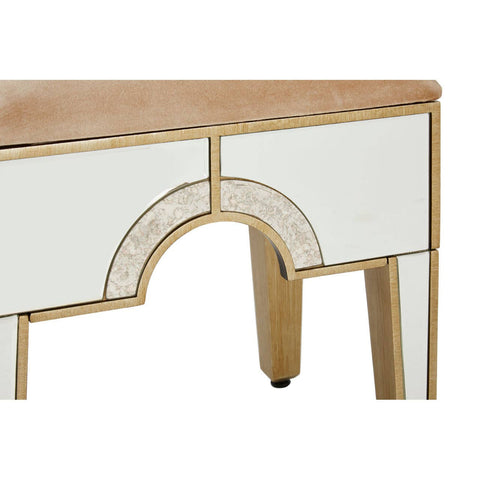 Champagne gold and mirrored stool featuring a sleek design with a reflective surface and elegant curved detailing on the front. The legs are finished in a matching champagne gold, complementing the overall luxurious aesthetic
