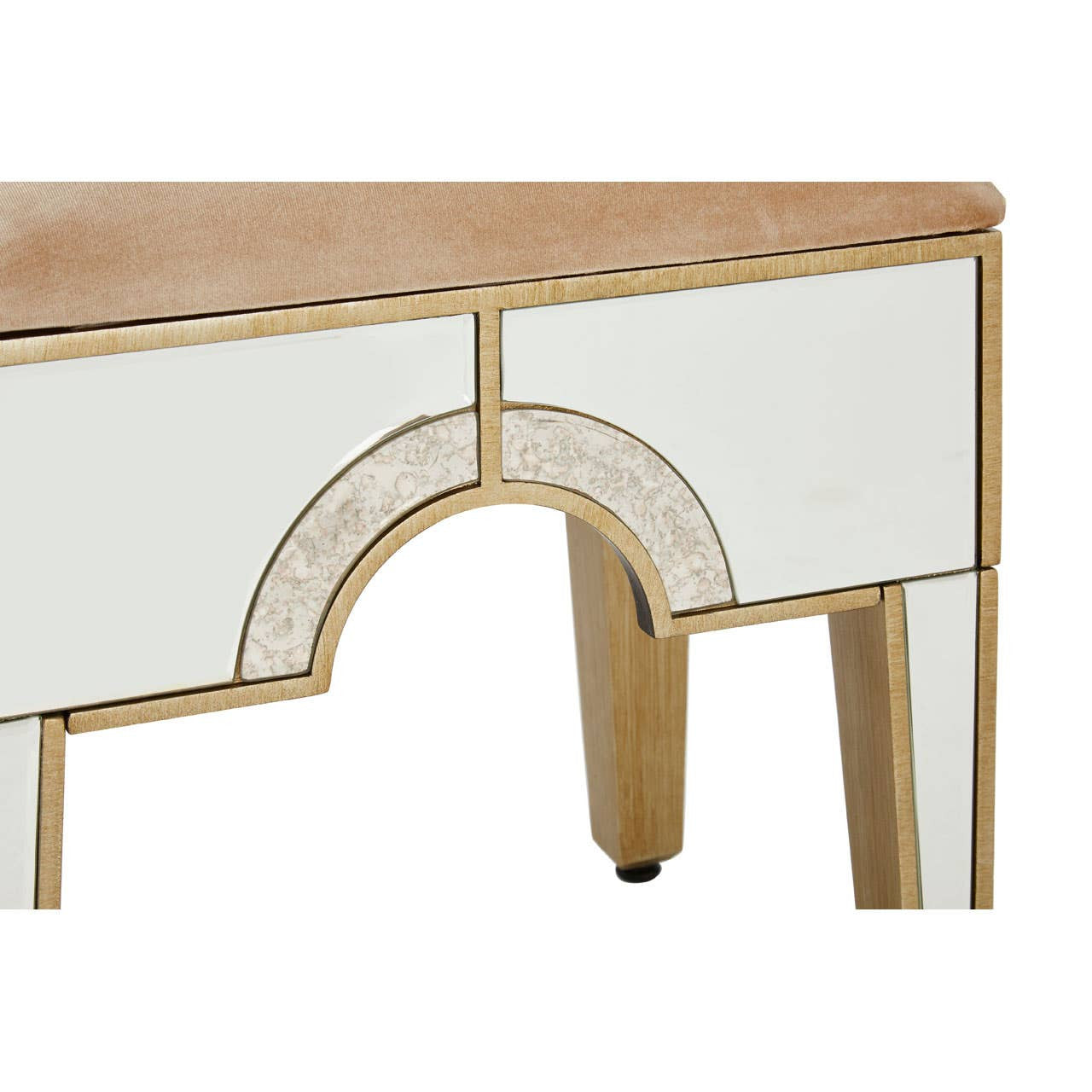 Champagne gold and mirrored stool featuring a sleek design with a reflective surface and elegant curved detailing on the front. The legs are finished in a matching champagne gold, complementing the overall luxurious aesthetic