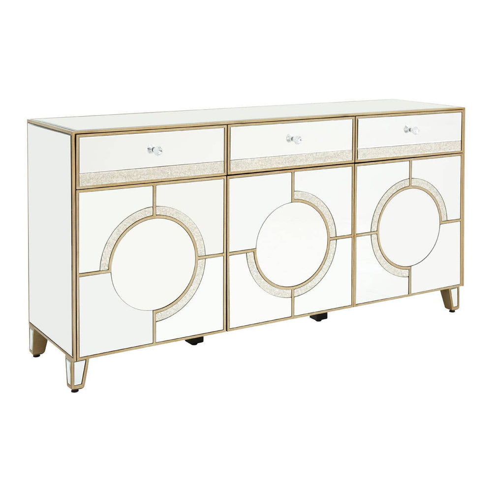 A stylish sideboard featuring a champagne gold frame and mirrored surfaces, with three spacious drawers at the top and three circular door fronts below. The design includes elegant geometric patterns and stands on four legs, adding a modern touch to home decor
