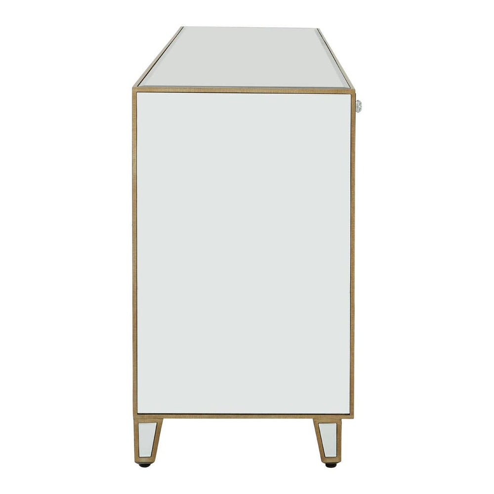 Champagne gold and mirrored sideboard featuring a sleek design with a flat top, smooth mirrored surface, and elegant gold trim. The sideboard stands on slender legs, showcasing a modern aesthetic suitable for home decor