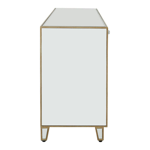 Champagne gold and mirrored sideboard featuring a sleek design with a flat top, smooth mirrored surface, and elegant gold trim. The sideboard stands on slender legs, showcasing a modern aesthetic suitable for home decor