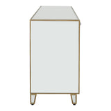 Champagne gold and mirrored sideboard featuring a sleek design with a flat top, smooth mirrored surface, and elegant gold trim. The sideboard stands on slender legs, showcasing a modern aesthetic suitable for home decor