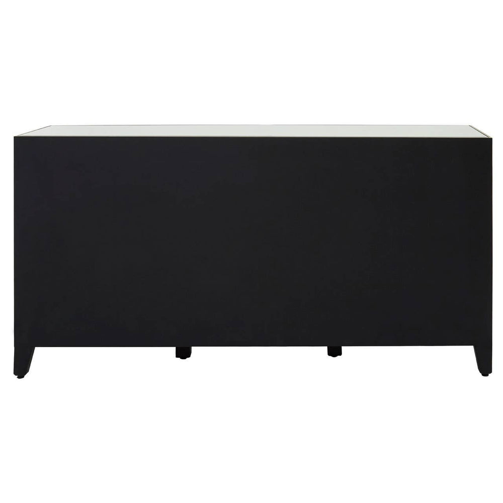 Champagne gold and mirrored sideboard featuring a sleek, modern design with a smooth top surface and three spacious compartments, supported by sturdy legs. The reflective mirrored elements add a touch of elegance, while the overall finish combines sophistication with contemporary style