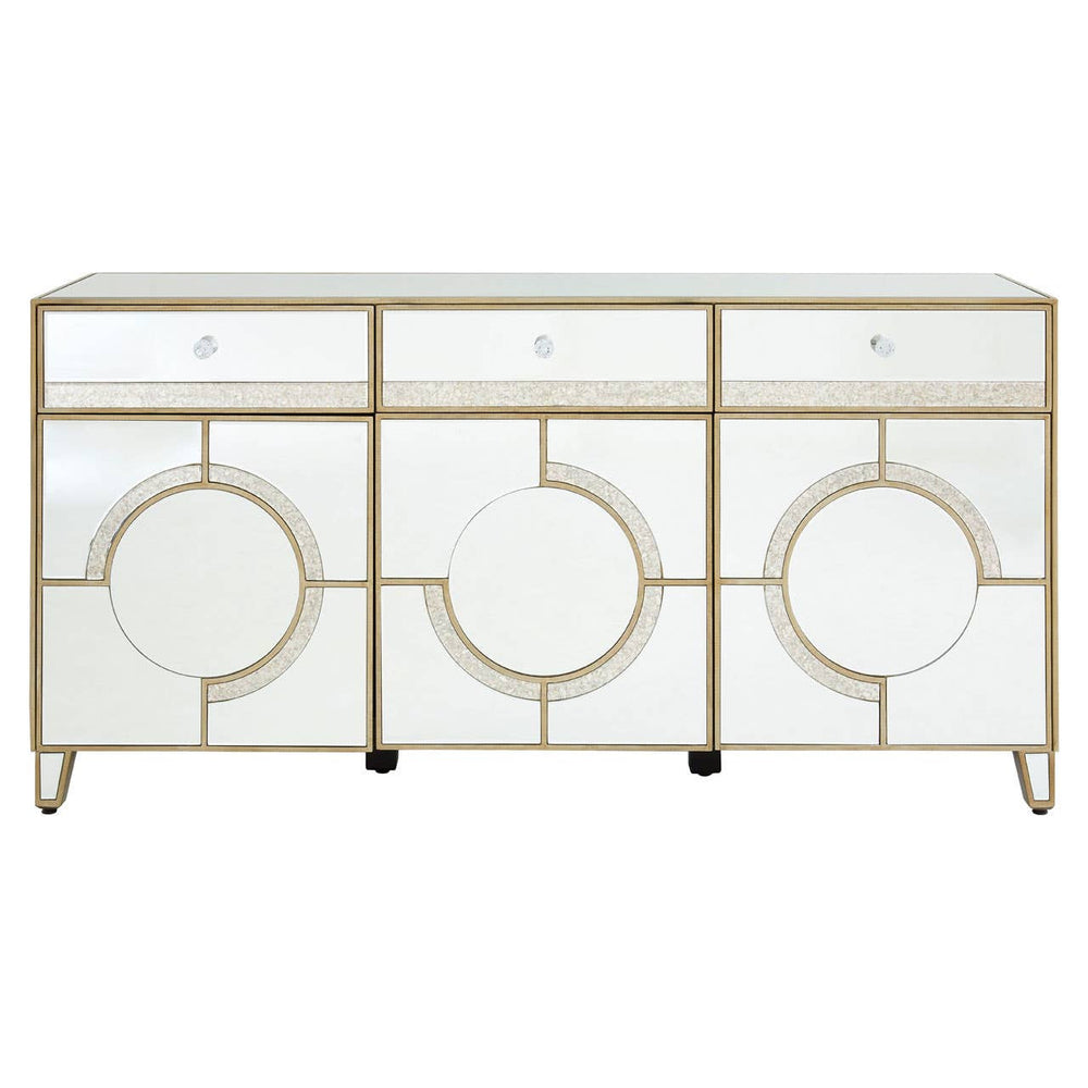 Champagne gold sideboard with a mirrored surface, featuring three circular front panels and sleek gold trim. The design includes three drawers at the top and stands on four slender legs, adding a modern and elegant touch to home decor