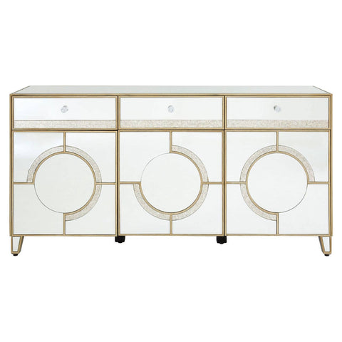 Champagne gold sideboard with a mirrored surface, featuring three circular front panels and sleek gold trim. The design includes three drawers at the top and stands on four slender legs, adding a modern and elegant touch to home decor