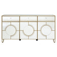 Champagne gold sideboard with a mirrored surface, featuring three circular front panels and sleek gold trim. The design includes three drawers at the top and stands on four slender legs, adding a modern and elegant touch to home decor