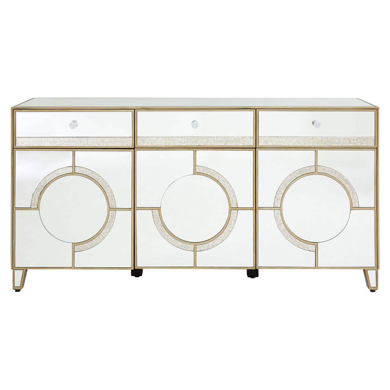 Champagne gold sideboard with a mirrored surface, featuring three circular front panels and sleek gold trim. The design includes three drawers at the top and stands on four slender legs, adding a modern and elegant touch to home decor