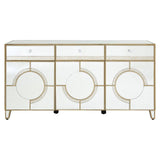 Champagne gold sideboard with a mirrored surface, featuring three circular front panels and sleek gold trim. The design includes three drawers at the top and stands on four slender legs, adding a modern and elegant touch to home decor