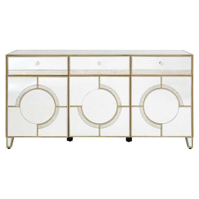 Champagne gold sideboard with a mirrored surface, featuring three circular front panels and sleek gold trim. The design includes three drawers at the top and stands on four slender legs, adding a modern and elegant touch to home decor