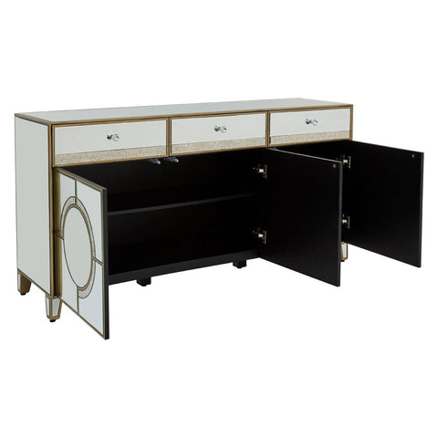 Champagne gold and mirrored sideboard featuring three drawers at the top and two cabinets with circular handles on either side. The sideboard has a sleek, modern design with a reflective surface and contrasting dark interior