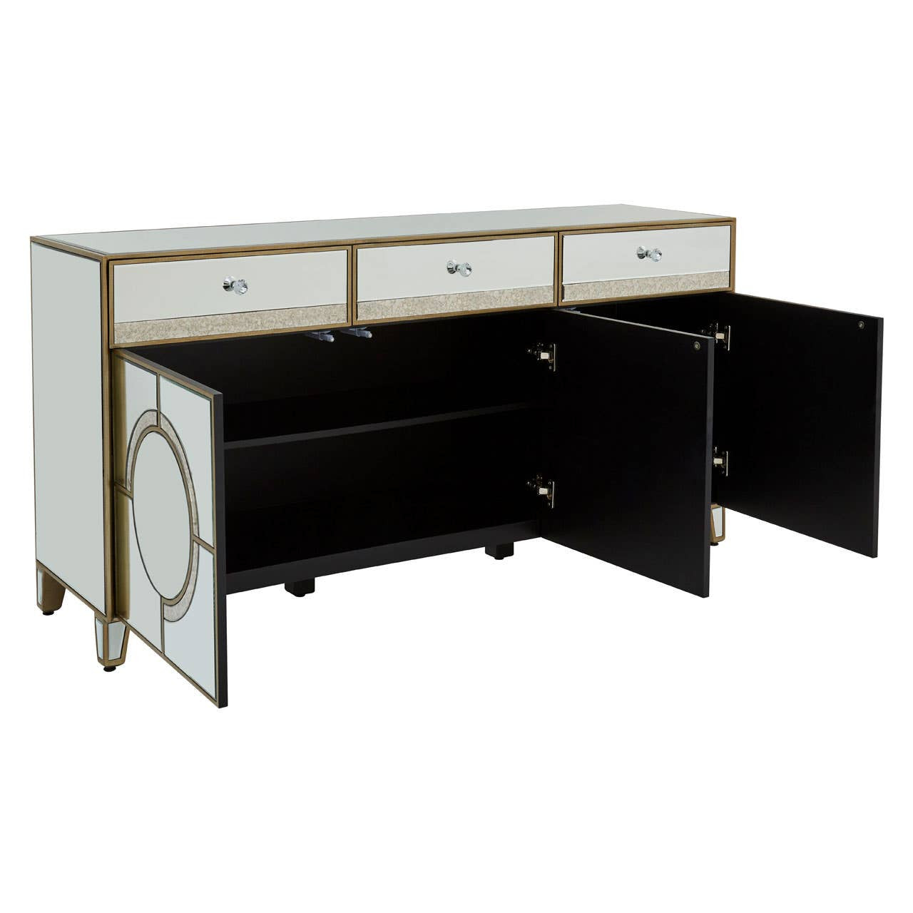 Champagne gold and mirrored sideboard featuring three drawers at the top and two cabinets with circular handles on either side. The sideboard has a sleek, modern design with a reflective surface and contrasting dark interior