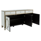Champagne gold and mirrored sideboard featuring three drawers at the top and two cabinets with circular handles on either side. The sideboard has a sleek, modern design with a reflective surface and contrasting dark interior