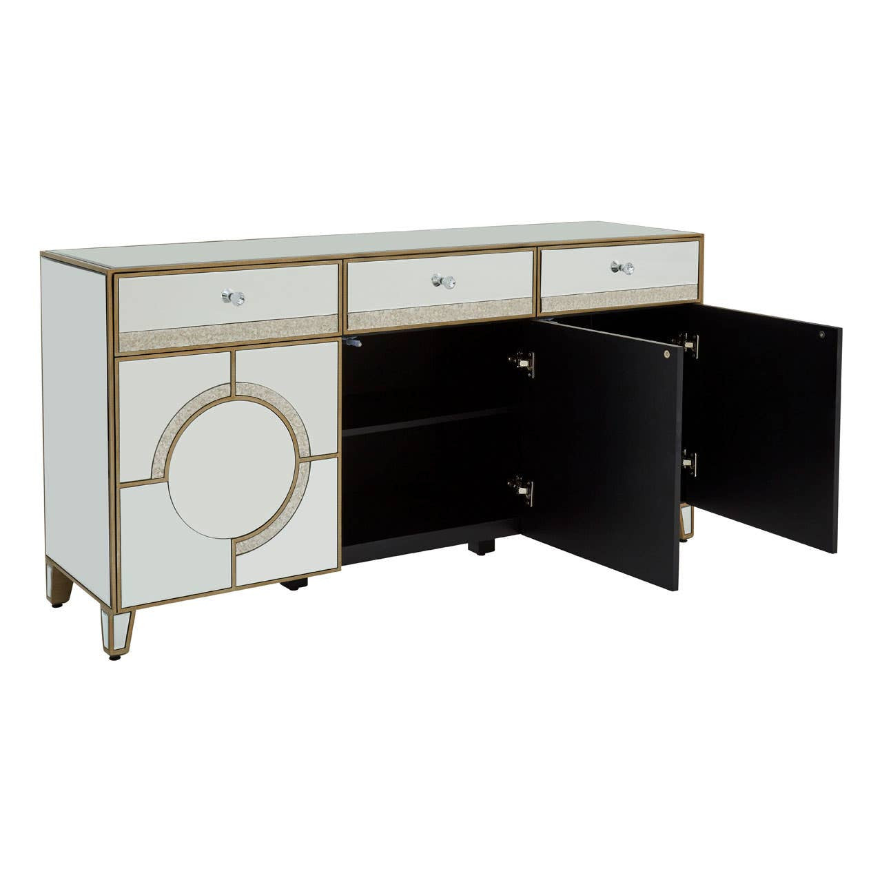 Champagne gold and mirrored sideboard featuring three drawers and two cabinet doors, with a circular design on one door and a sleek black interior. The sideboard stands on four legs, showcasing a modern and elegant design suitable for home decor