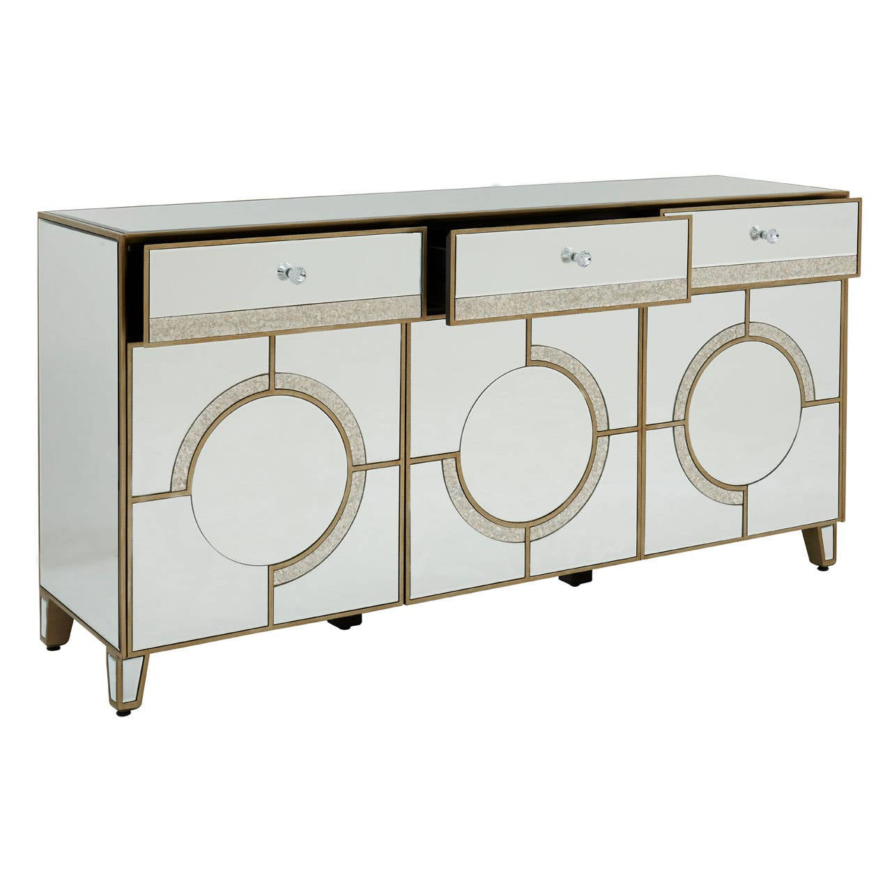 Champagne gold and mirrored sideboard featuring two drawers at the top and three circular door panels at the front, each with a geometric design. The sideboard stands on four legs and has a sleek, modern aesthetic suitable for home decor