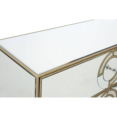 Champagne gold and mirrored sideboard featuring a sleek, reflective surface with elegant detailing along the edges. The design showcases a modern aesthetic, ideal for enhancing home decor