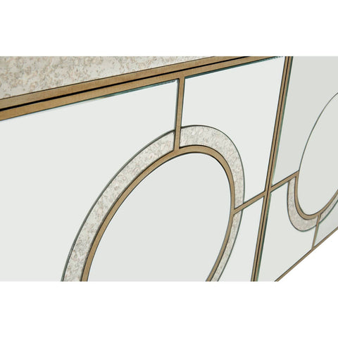 Champagne gold and mirrored sideboard featuring a sleek design with circular patterns and a smooth surface, highlighting the elegant finish and modern aesthetic