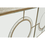 Champagne gold and mirrored sideboard featuring a sleek design with circular patterns and a smooth surface, highlighting the elegant finish and modern aesthetic