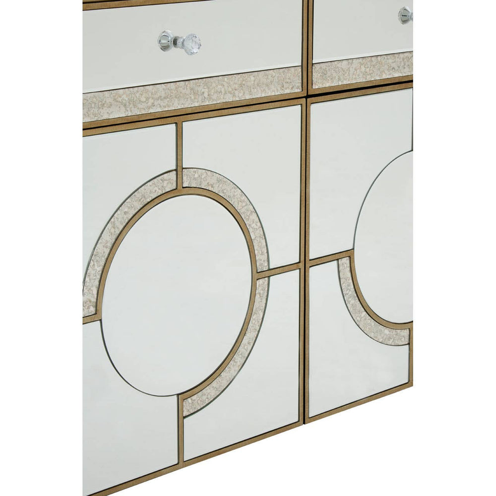 Champagne gold and mirrored sideboard featuring a geometric design with circular accents and two drawers, showcasing a sleek and modern aesthetic suitable for home decor