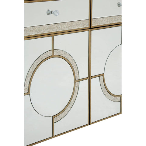 Champagne gold and mirrored sideboard featuring a geometric design with circular accents and two drawers, showcasing a sleek and modern aesthetic suitable for home decor
