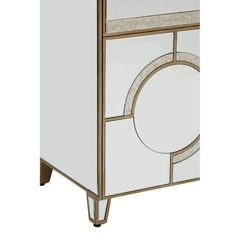 Champagne gold and mirrored sideboard featuring a geometric design with circular accents, sleek legs, and a smooth surface, ideal for adding elegance to home decor