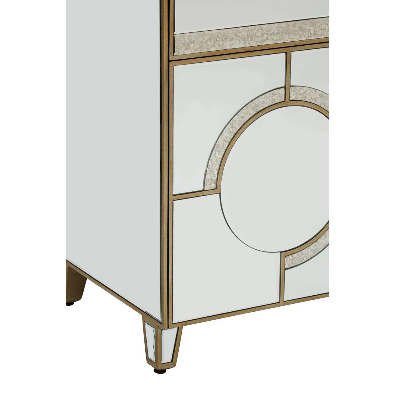 Champagne gold and mirrored sideboard featuring a geometric design with circular accents, sleek legs, and a smooth surface, ideal for adding elegance to home decor